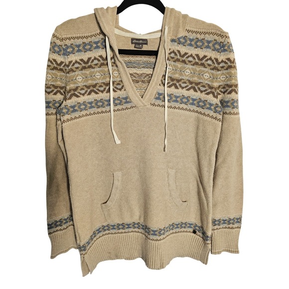 Eddie Bauer Tops - Eddie Bauer Women's Medium Fair Isle Knit‎ Hoodie Sweater Beige Blue Size M